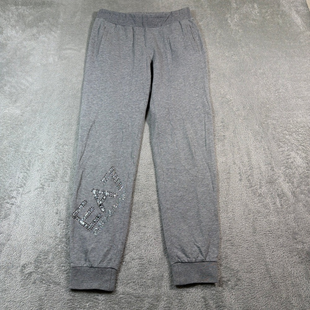 Emporio Armani EA7 Jogger Pants Women XS Gray Rhinestone Logo Athleisure‎